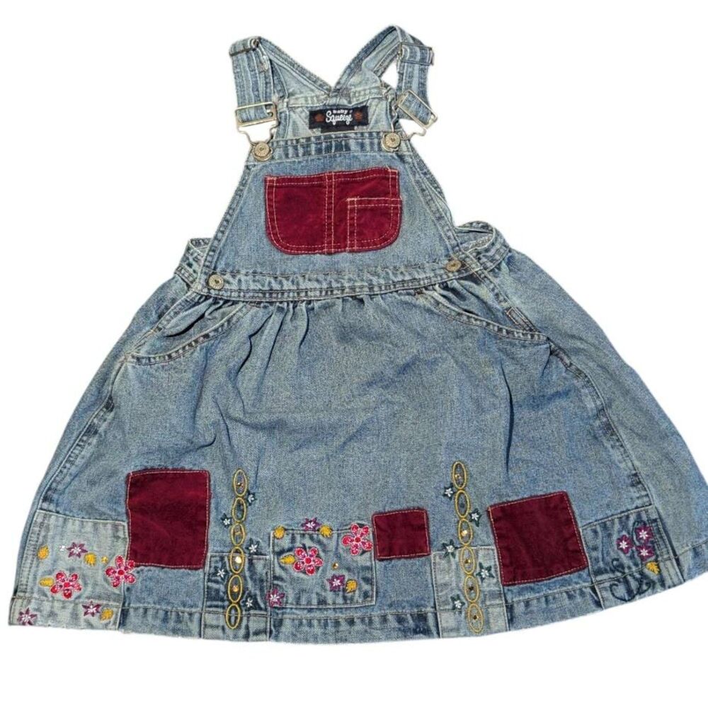 Baby Squeeze Vintage Denim Jean Overall Dress 4T Embroidered Patches Y2K